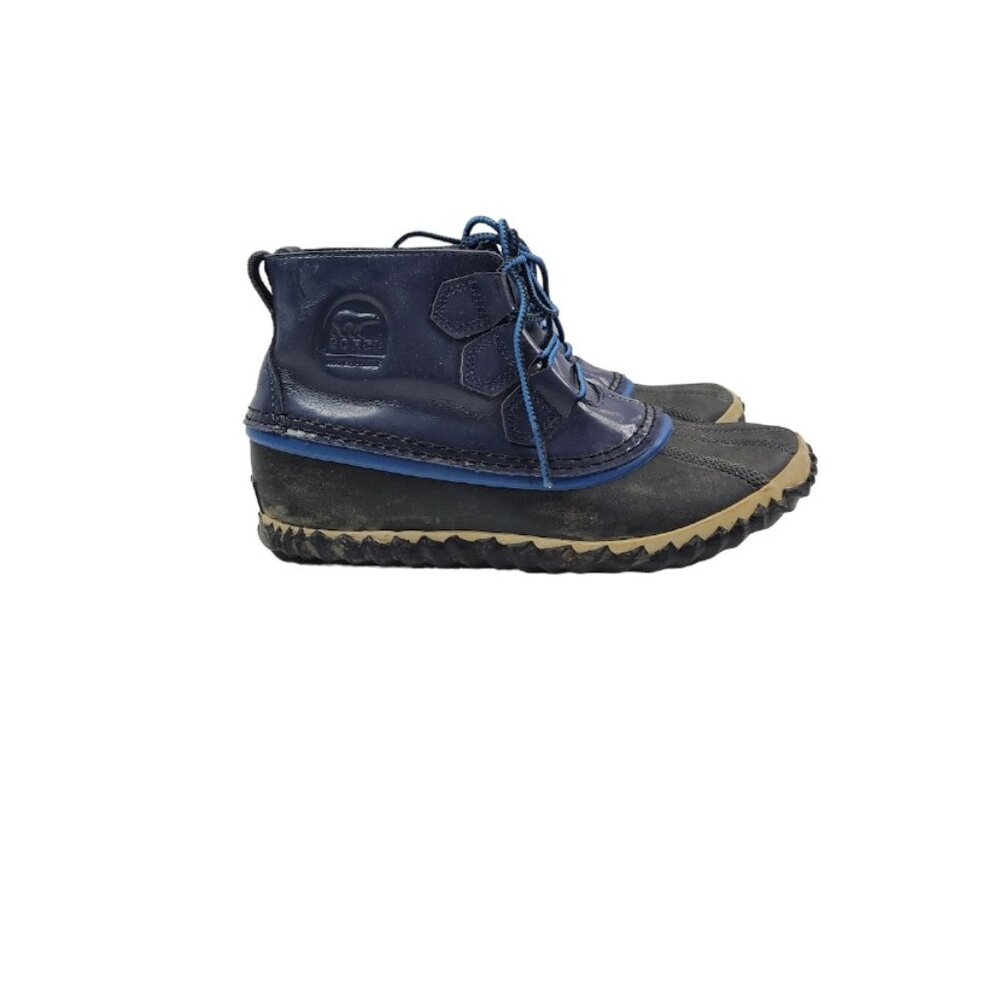 Sorel Women's Black Navy Out About NL2511-591 Leather Rubber Ankle Duck Boot 6.5